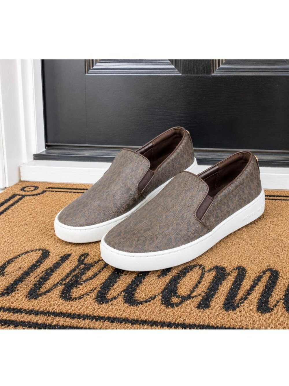 Michael Kors Keaton Slip-On Sneakers Brown MK Logo Print Women’s Size 5.5M